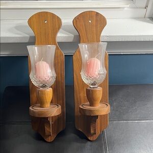 VINTAGE Wooden Wall Sconce Pair Pink Candles HOMCO WALL DECOR